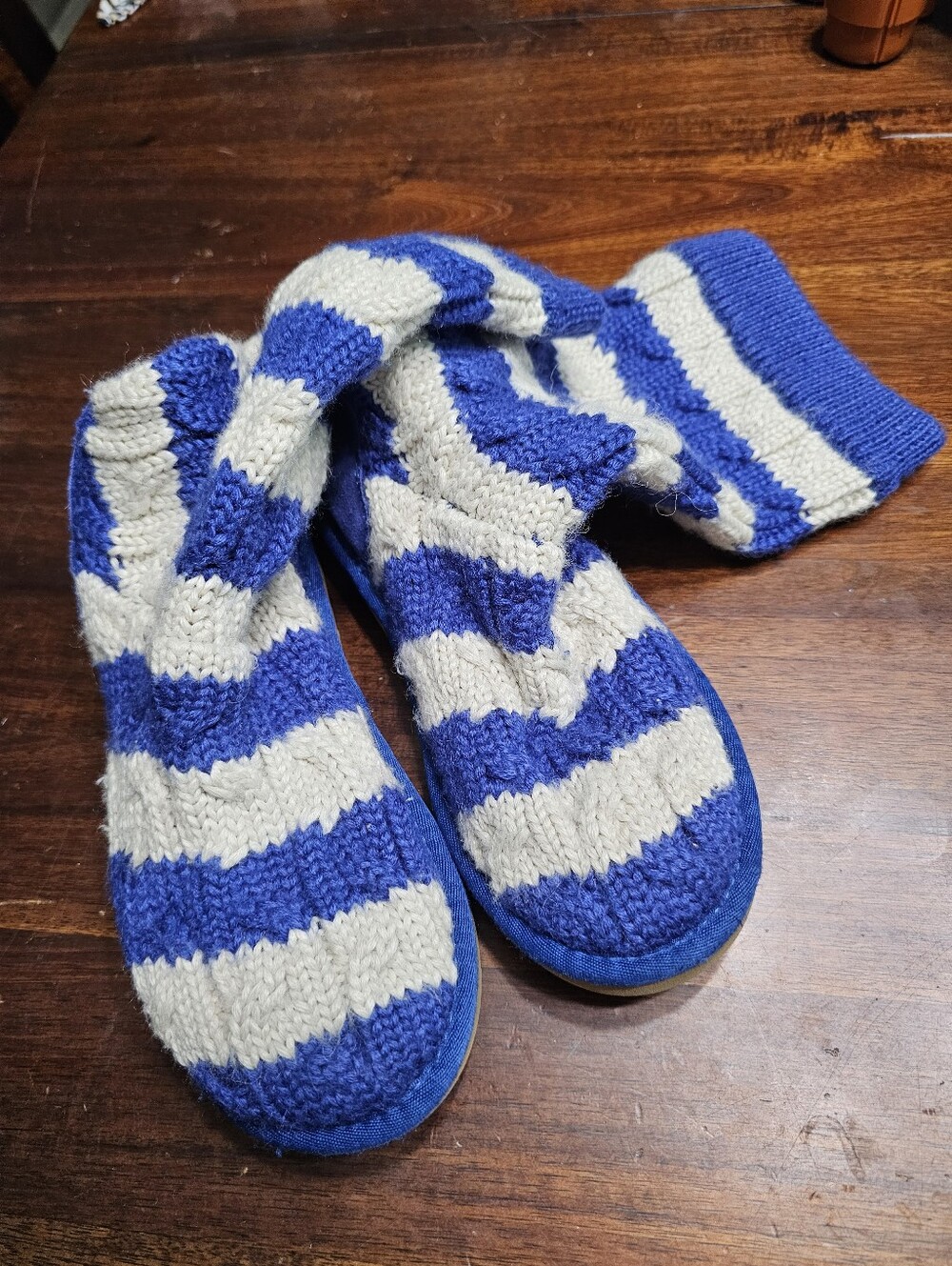 Ugg Boots Cozy Striped Knit Slipper Socks in Blue and Cream